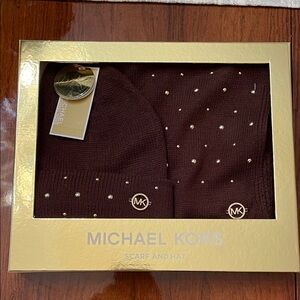 Michael Kors Brown Scarf and Hat Set with gold embellishments